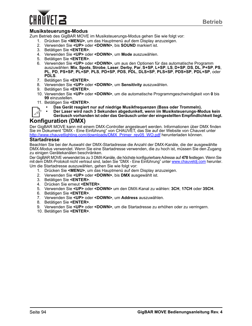 Musiksteuerungs-modus, Konfiguration (dmx), Startadresse | Betrieb | CHAUVET DJ GigBAR Move 5-in-1 Lighting System with Moving Heads, Pars, Derbys, Strobe, and Laser Effects (Black) User Manual | Page 100 / 139