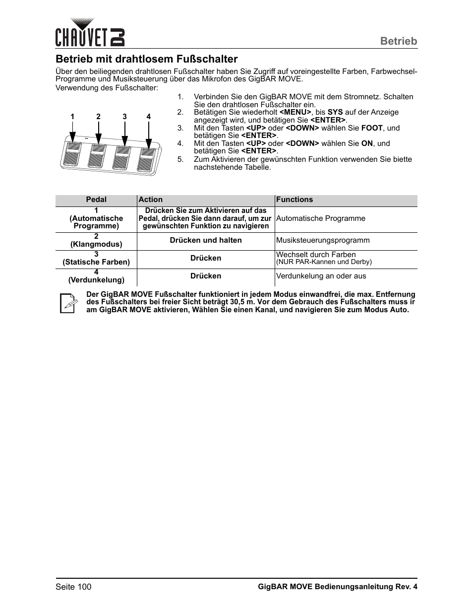 Betrieb mit drahtlosem fußschalter, Betrieb | CHAUVET DJ GigBAR Move 5-in-1 Lighting System with Moving Heads, Pars, Derbys, Strobe, and Laser Effects (Black) User Manual | Page 106 / 139