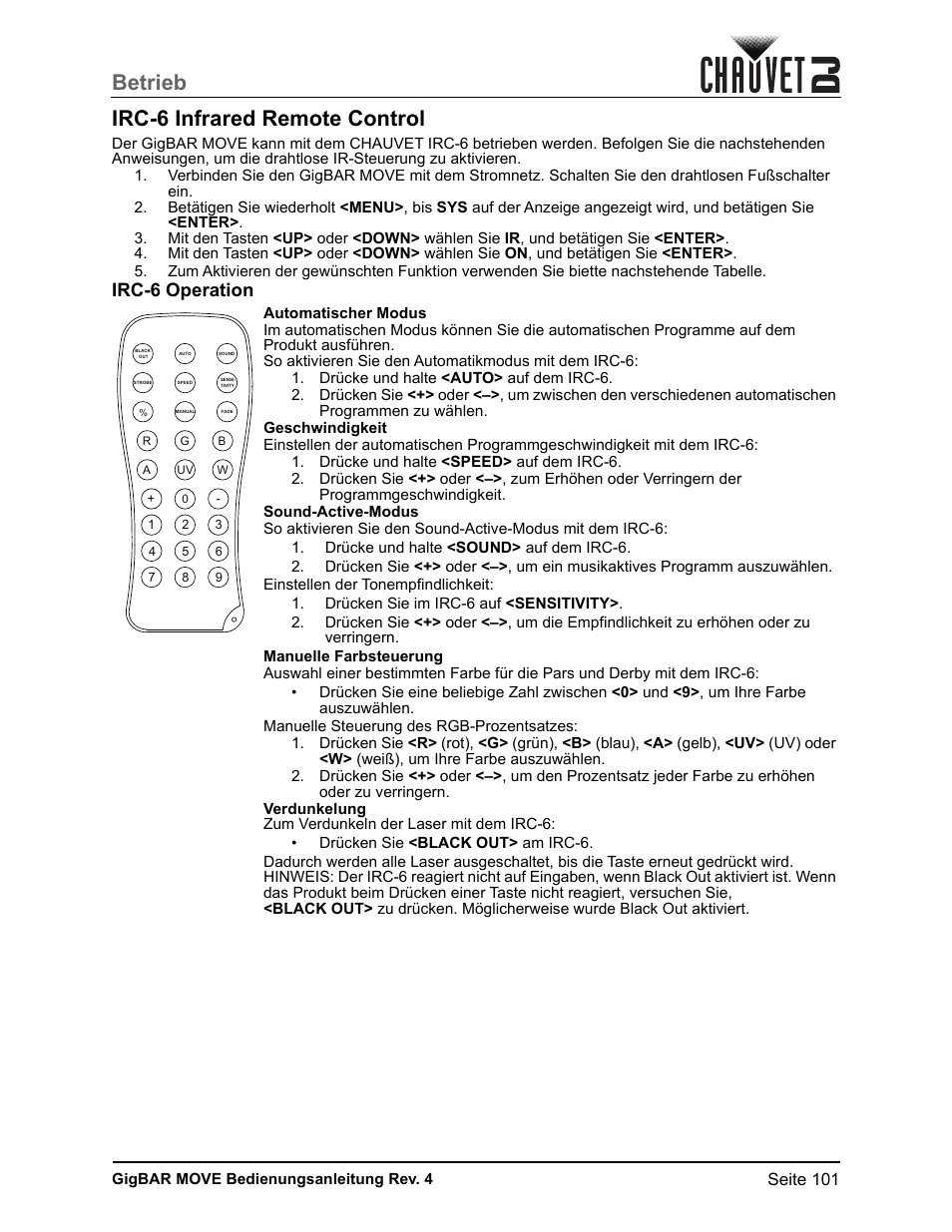 Irc-6 infrared remote control, Irc-6 operation, Manuelle farbsteuerung | Betrieb irc-6 infrared remote control | CHAUVET DJ GigBAR Move 5-in-1 Lighting System with Moving Heads, Pars, Derbys, Strobe, and Laser Effects (Black) User Manual | Page 107 / 139