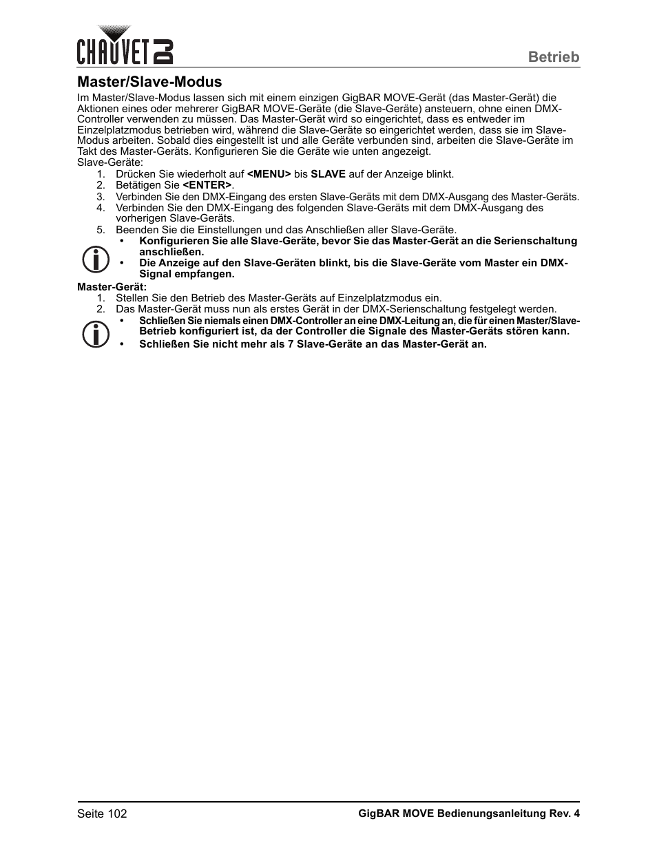 Master/slave-modus, Betrieb | CHAUVET DJ GigBAR Move 5-in-1 Lighting System with Moving Heads, Pars, Derbys, Strobe, and Laser Effects (Black) User Manual | Page 108 / 139