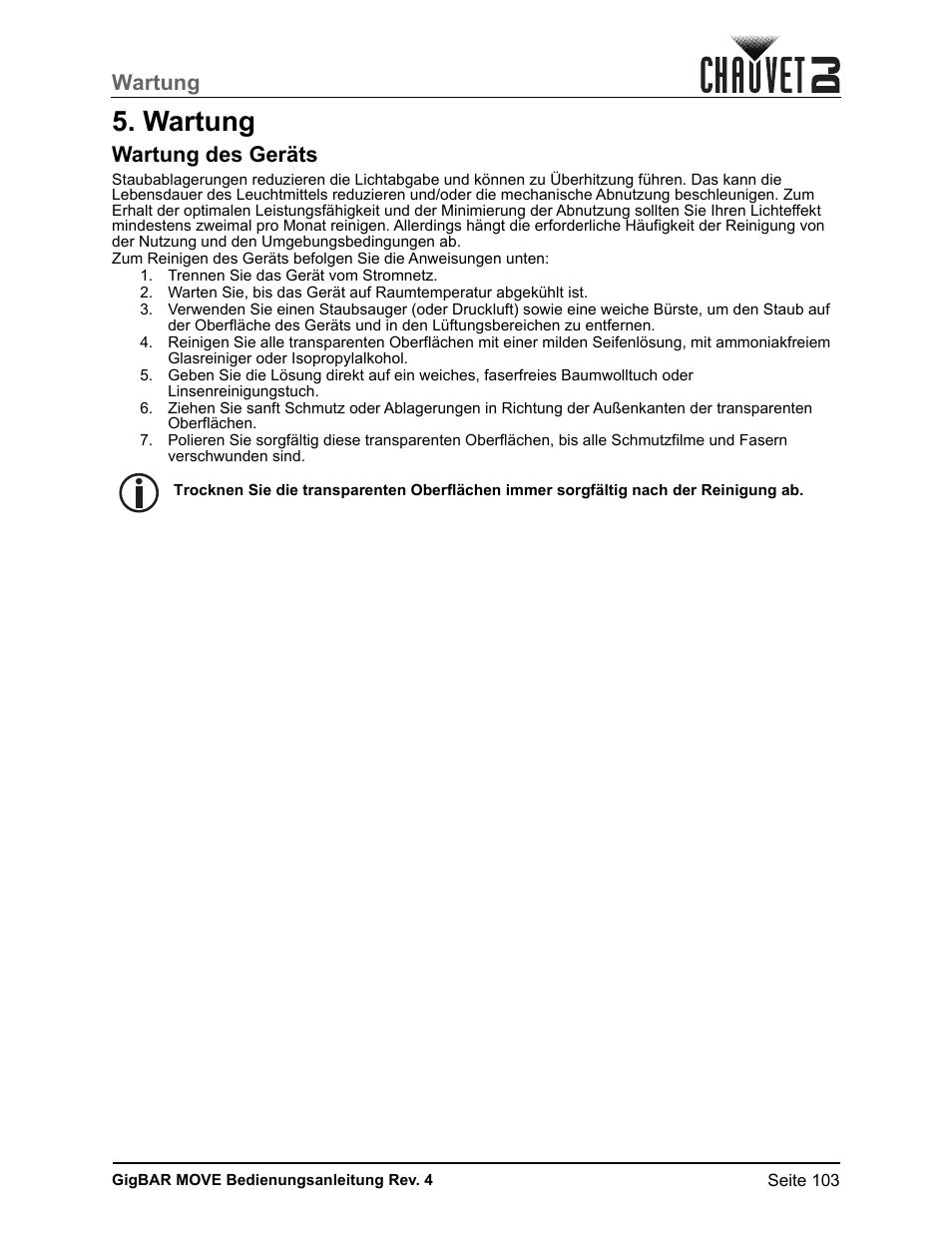 Wartung, Wartung des geräts | CHAUVET DJ GigBAR Move 5-in-1 Lighting System with Moving Heads, Pars, Derbys, Strobe, and Laser Effects (Black) User Manual | Page 109 / 139