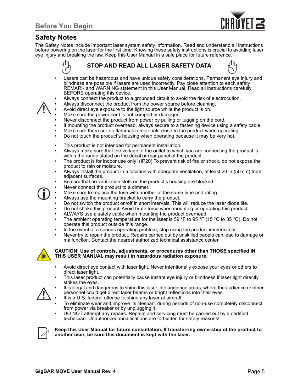 Safety notes | CHAUVET DJ GigBAR Move 5-in-1 Lighting System with Moving Heads, Pars, Derbys, Strobe, and Laser Effects (Black) User Manual | Page 11 / 139