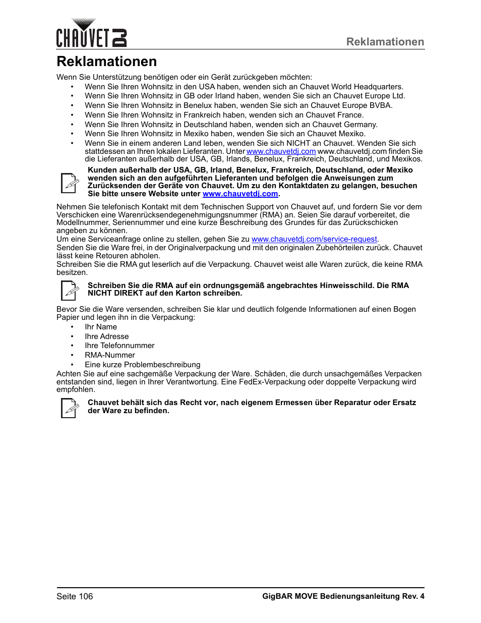 Reklamationen | CHAUVET DJ GigBAR Move 5-in-1 Lighting System with Moving Heads, Pars, Derbys, Strobe, and Laser Effects (Black) User Manual | Page 112 / 139