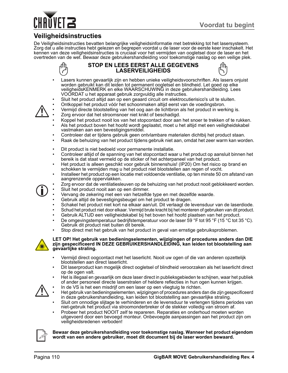 Veiligheidsinstructies, Voordat tu begint | CHAUVET DJ GigBAR Move 5-in-1 Lighting System with Moving Heads, Pars, Derbys, Strobe, and Laser Effects (Black) User Manual | Page 116 / 139