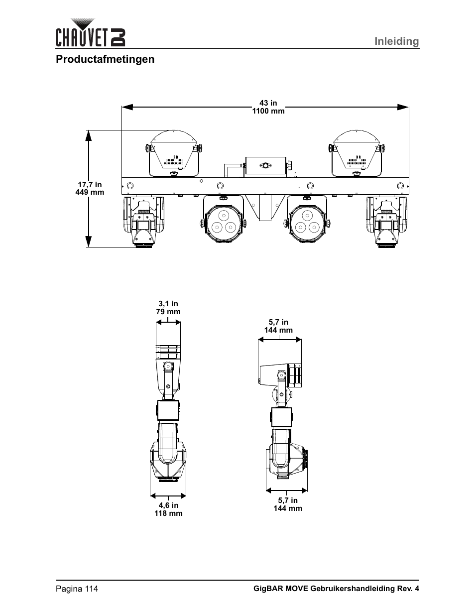 Productafmetingen, Inleiding | CHAUVET DJ GigBAR Move 5-in-1 Lighting System with Moving Heads, Pars, Derbys, Strobe, and Laser Effects (Black) User Manual | Page 120 / 139