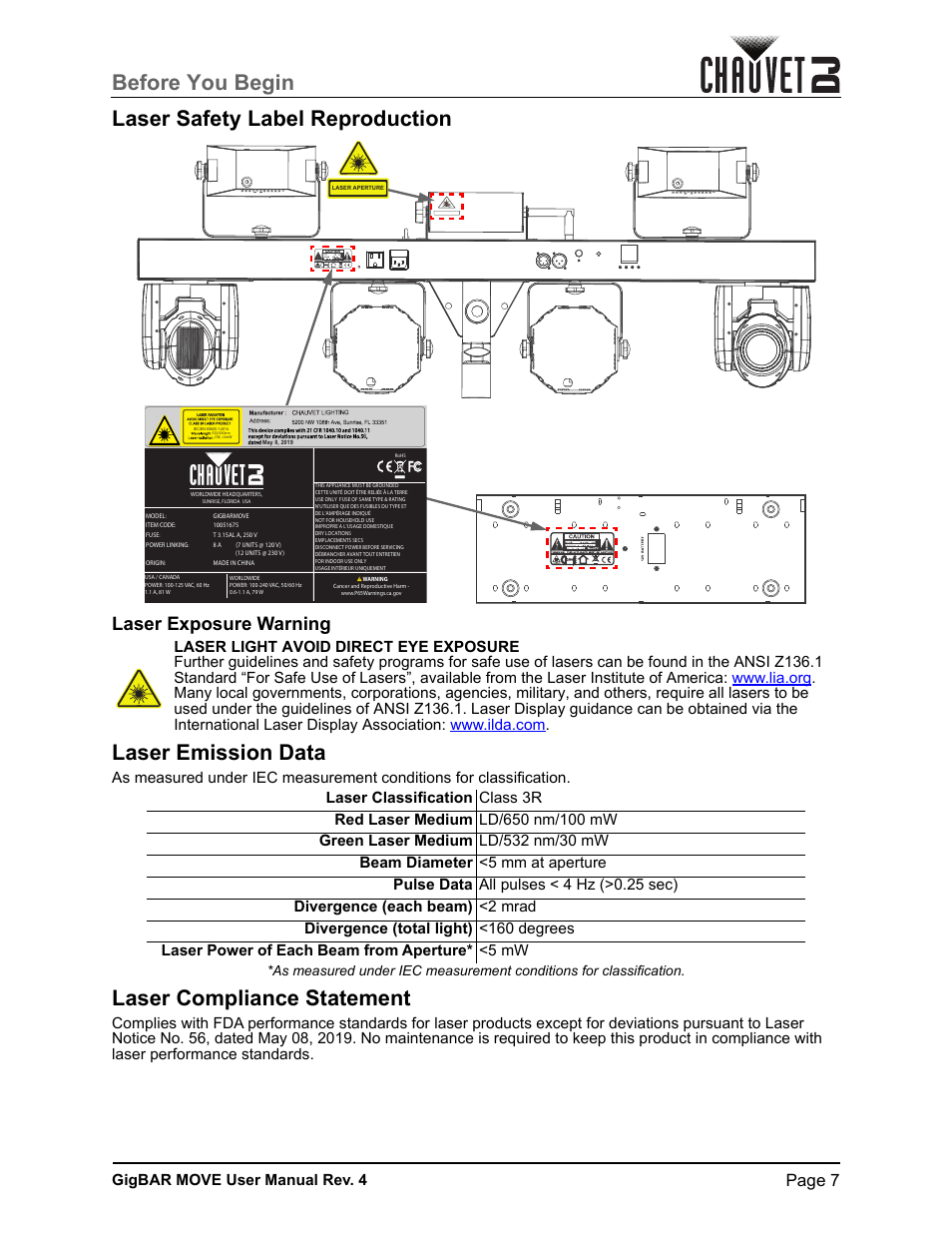 Laser safety label reproduction, Laser emission data, Laser compliance statement | Before you begin laser safety label reproduction, Laser exposure warning, Page 7, Gigbar move user manual rev. 4 | CHAUVET DJ GigBAR Move 5-in-1 Lighting System with Moving Heads, Pars, Derbys, Strobe, and Laser Effects (Black) User Manual | Page 13 / 139