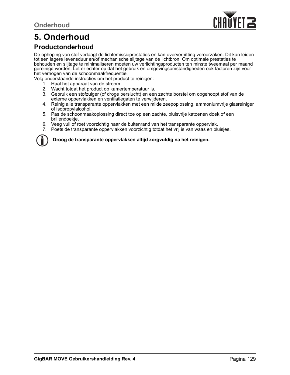 Onderhoud, Productonderhoud | CHAUVET DJ GigBAR Move 5-in-1 Lighting System with Moving Heads, Pars, Derbys, Strobe, and Laser Effects (Black) User Manual | Page 135 / 139