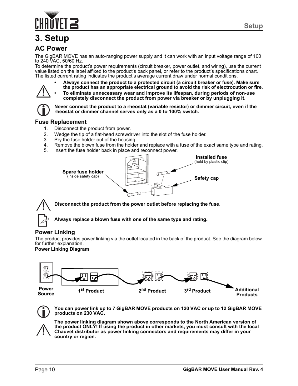 Setup, Ac power, Fuse replacement | Power linking | CHAUVET DJ GigBAR Move 5-in-1 Lighting System with Moving Heads, Pars, Derbys, Strobe, and Laser Effects (Black) User Manual | Page 16 / 139