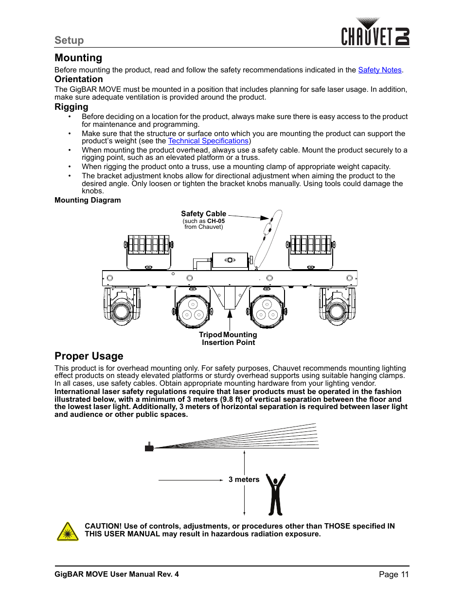 Mounting, Orientation, Rigging | Proper usage, Setup mounting | CHAUVET DJ GigBAR Move 5-in-1 Lighting System with Moving Heads, Pars, Derbys, Strobe, and Laser Effects (Black) User Manual | Page 17 / 139