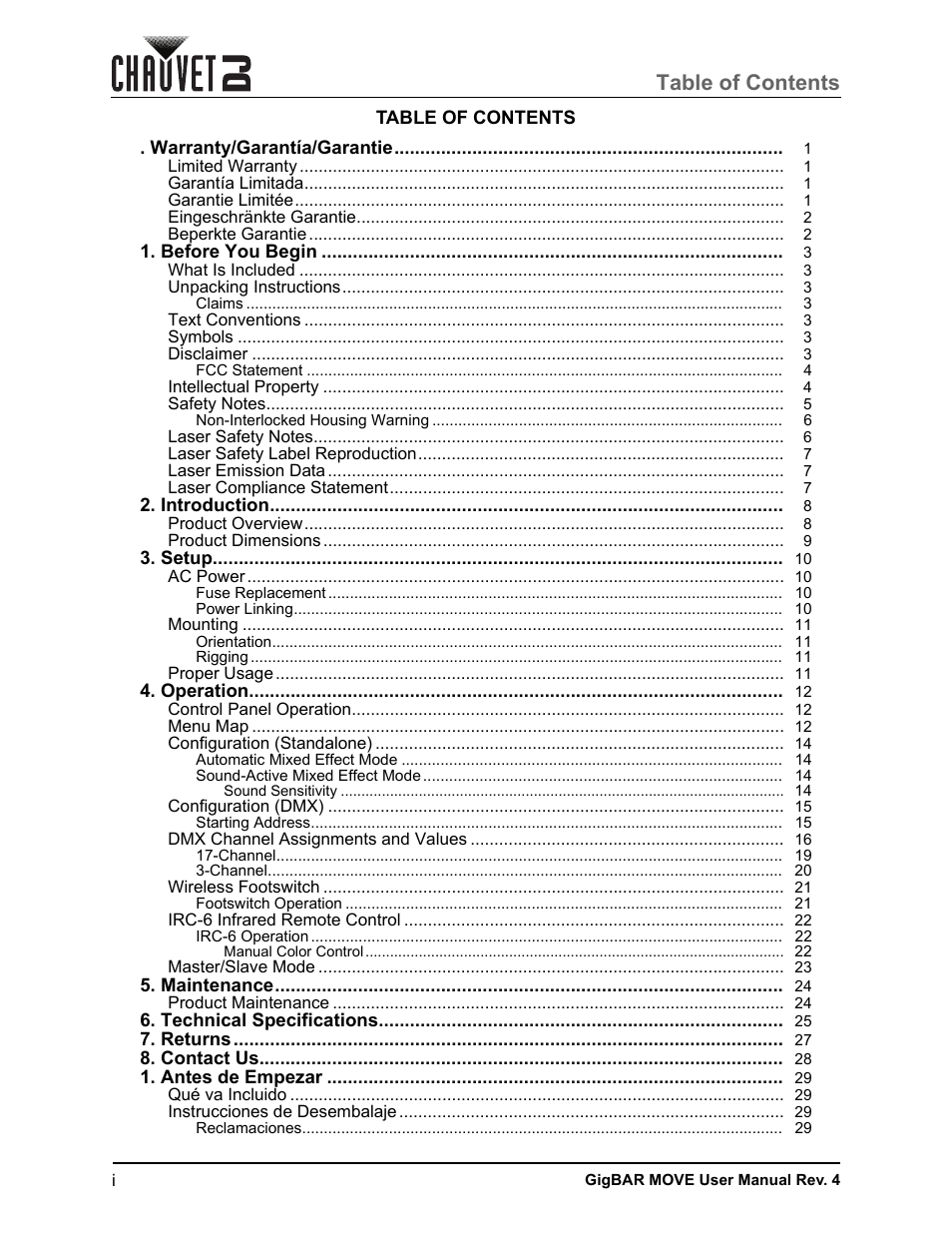 CHAUVET DJ GigBAR Move 5-in-1 Lighting System with Moving Heads, Pars, Derbys, Strobe, and Laser Effects (Black) User Manual | Page 2 / 139