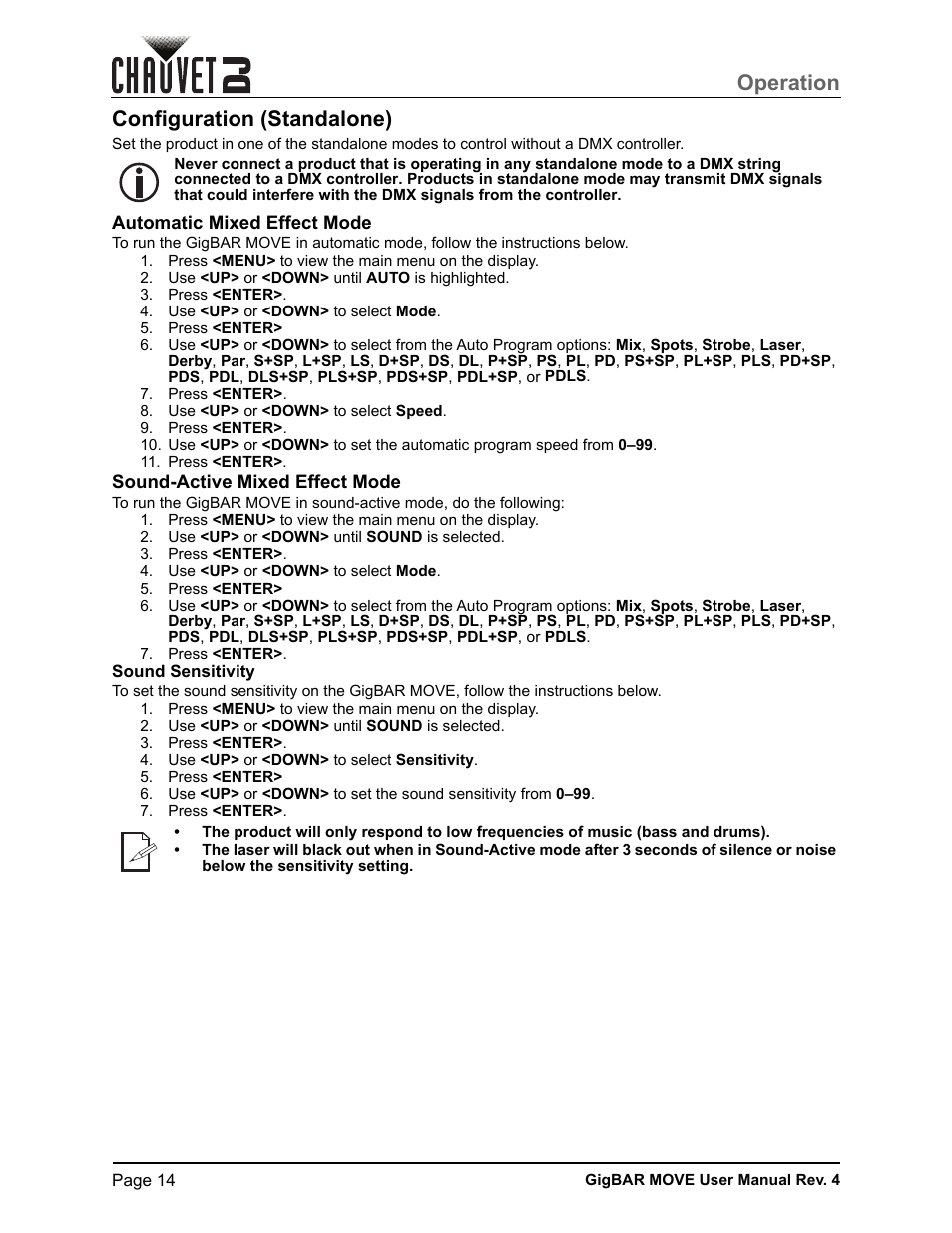 Configuration (standalone), Automatic mixed effect mode, Sound-active mixed effect mode | Sound sensitivity, Operation | CHAUVET DJ GigBAR Move 5-in-1 Lighting System with Moving Heads, Pars, Derbys, Strobe, and Laser Effects (Black) User Manual | Page 20 / 139
