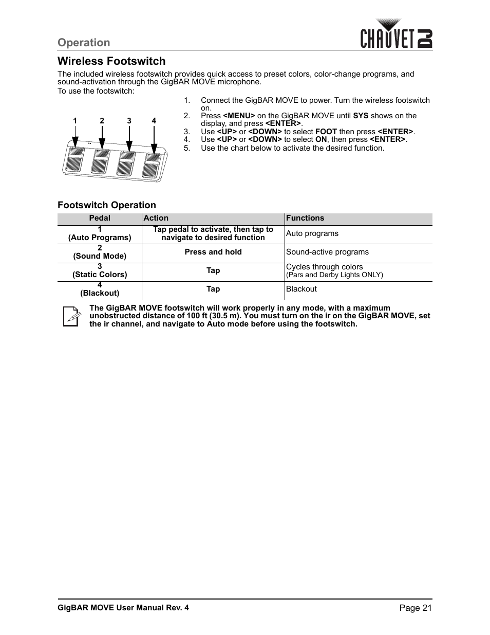 Wireless footswitch, Footswitch operation, Operation wireless footswitch | CHAUVET DJ GigBAR Move 5-in-1 Lighting System with Moving Heads, Pars, Derbys, Strobe, and Laser Effects (Black) User Manual | Page 27 / 139