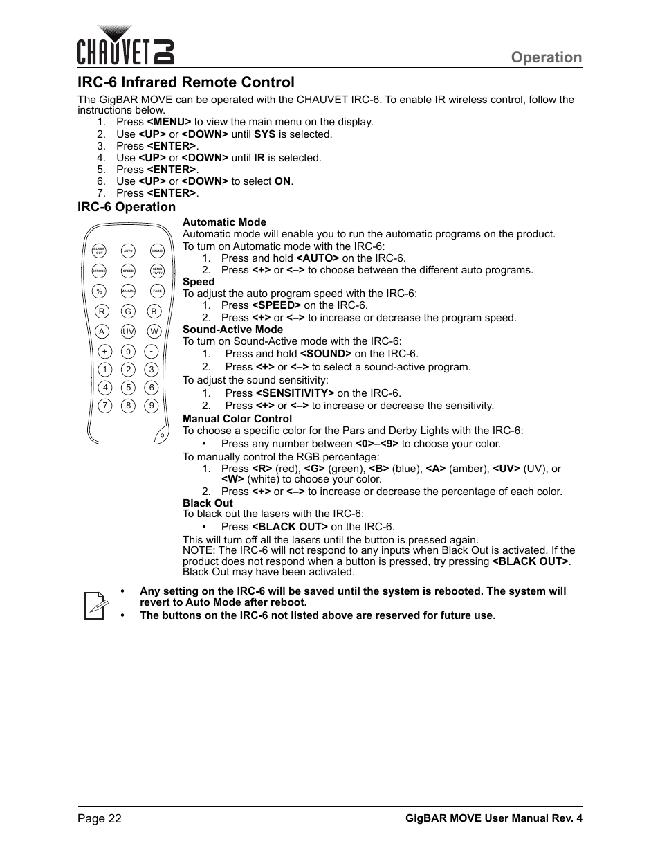 Irc-6 infrared remote control, Irc-6 operation, Manual color control | Operation | CHAUVET DJ GigBAR Move 5-in-1 Lighting System with Moving Heads, Pars, Derbys, Strobe, and Laser Effects (Black) User Manual | Page 28 / 139