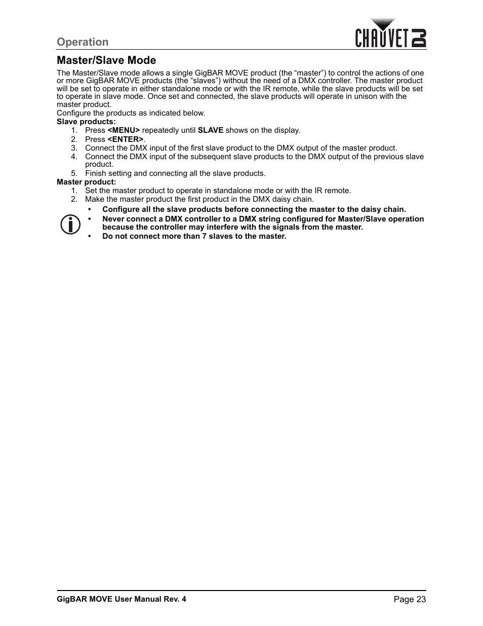 Master/slave mode, Operation master/slave mode | CHAUVET DJ GigBAR Move 5-in-1 Lighting System with Moving Heads, Pars, Derbys, Strobe, and Laser Effects (Black) User Manual | Page 29 / 139