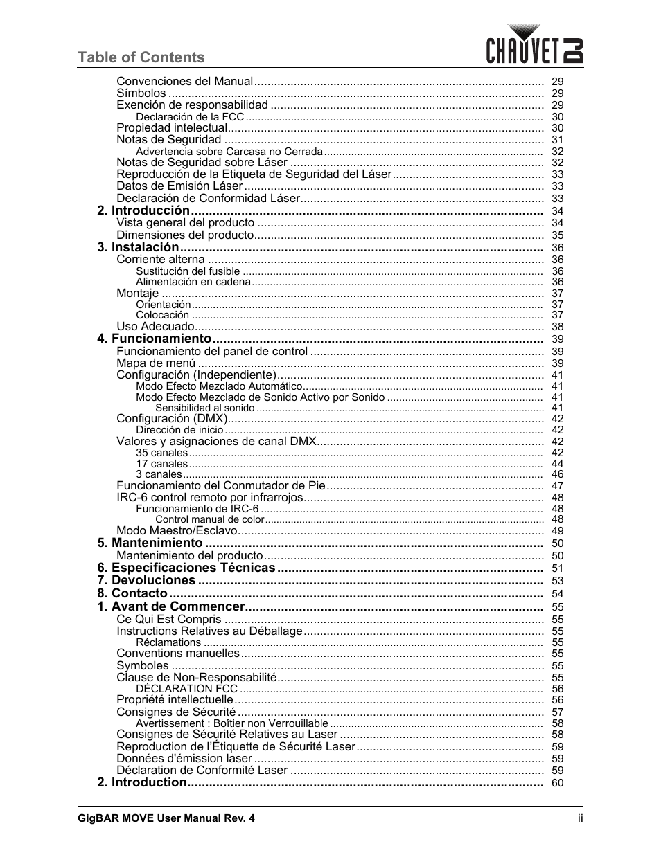 CHAUVET DJ GigBAR Move 5-in-1 Lighting System with Moving Heads, Pars, Derbys, Strobe, and Laser Effects (Black) User Manual | Page 3 / 139