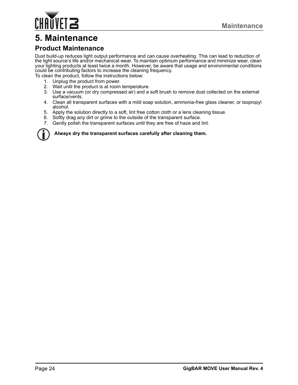 Maintenance, Product maintenance | CHAUVET DJ GigBAR Move 5-in-1 Lighting System with Moving Heads, Pars, Derbys, Strobe, and Laser Effects (Black) User Manual | Page 30 / 139