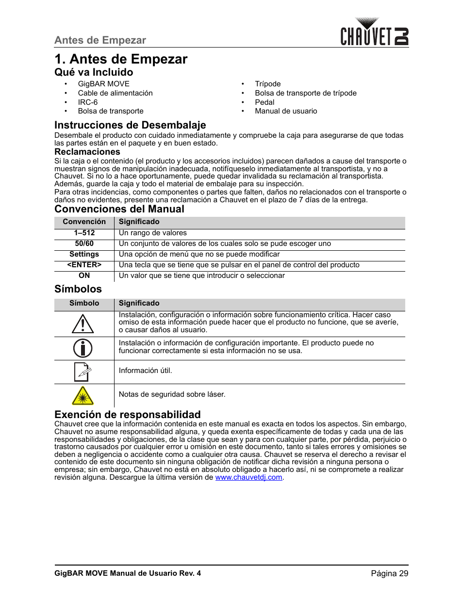 Antes de empezar, Qué va incluido, Instrucciones de desembalaje | Reclamaciones, Convenciones del manual, Símbolos, Exención de responsabilidad, Qué va incluido instrucciones de desembalaje | CHAUVET DJ GigBAR Move 5-in-1 Lighting System with Moving Heads, Pars, Derbys, Strobe, and Laser Effects (Black) User Manual | Page 35 / 139