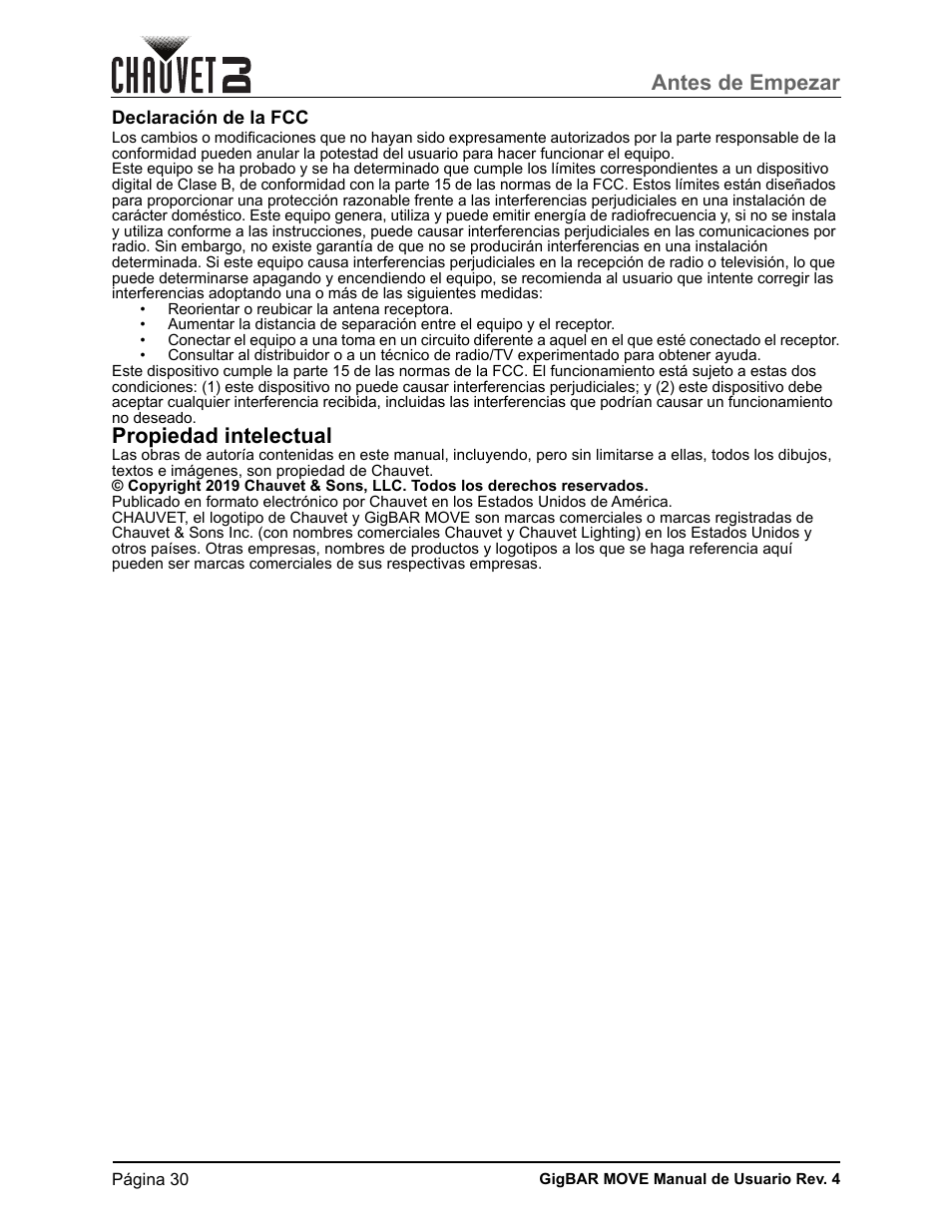 Declaración de la fcc, Propiedad intelectual, Antes de empezar | CHAUVET DJ GigBAR Move 5-in-1 Lighting System with Moving Heads, Pars, Derbys, Strobe, and Laser Effects (Black) User Manual | Page 36 / 139