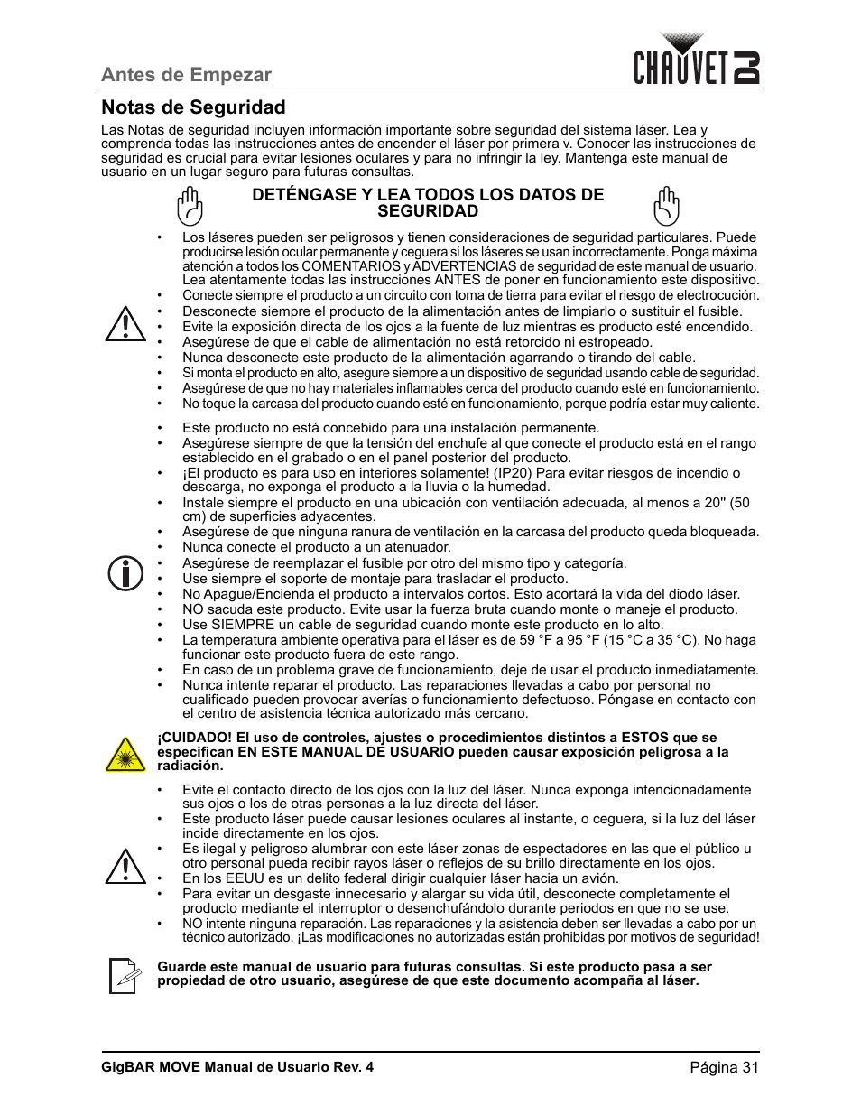 Notas de seguridad, Antes de empezar notas de seguridad | CHAUVET DJ GigBAR Move 5-in-1 Lighting System with Moving Heads, Pars, Derbys, Strobe, and Laser Effects (Black) User Manual | Page 37 / 139