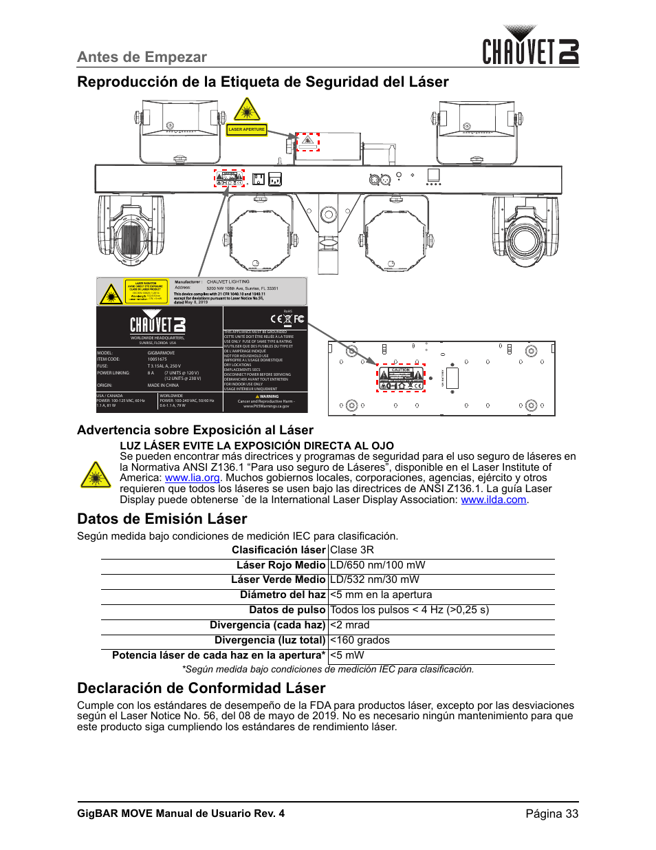 Reproducción de la etiqueta de seguridad del láser, Datos de emisión láser, Declaración de conformidad láser | Advertencia sobre exposición al láser, Página 33, Gigbar move manual de usuario rev. 4 | CHAUVET DJ GigBAR Move 5-in-1 Lighting System with Moving Heads, Pars, Derbys, Strobe, and Laser Effects (Black) User Manual | Page 39 / 139