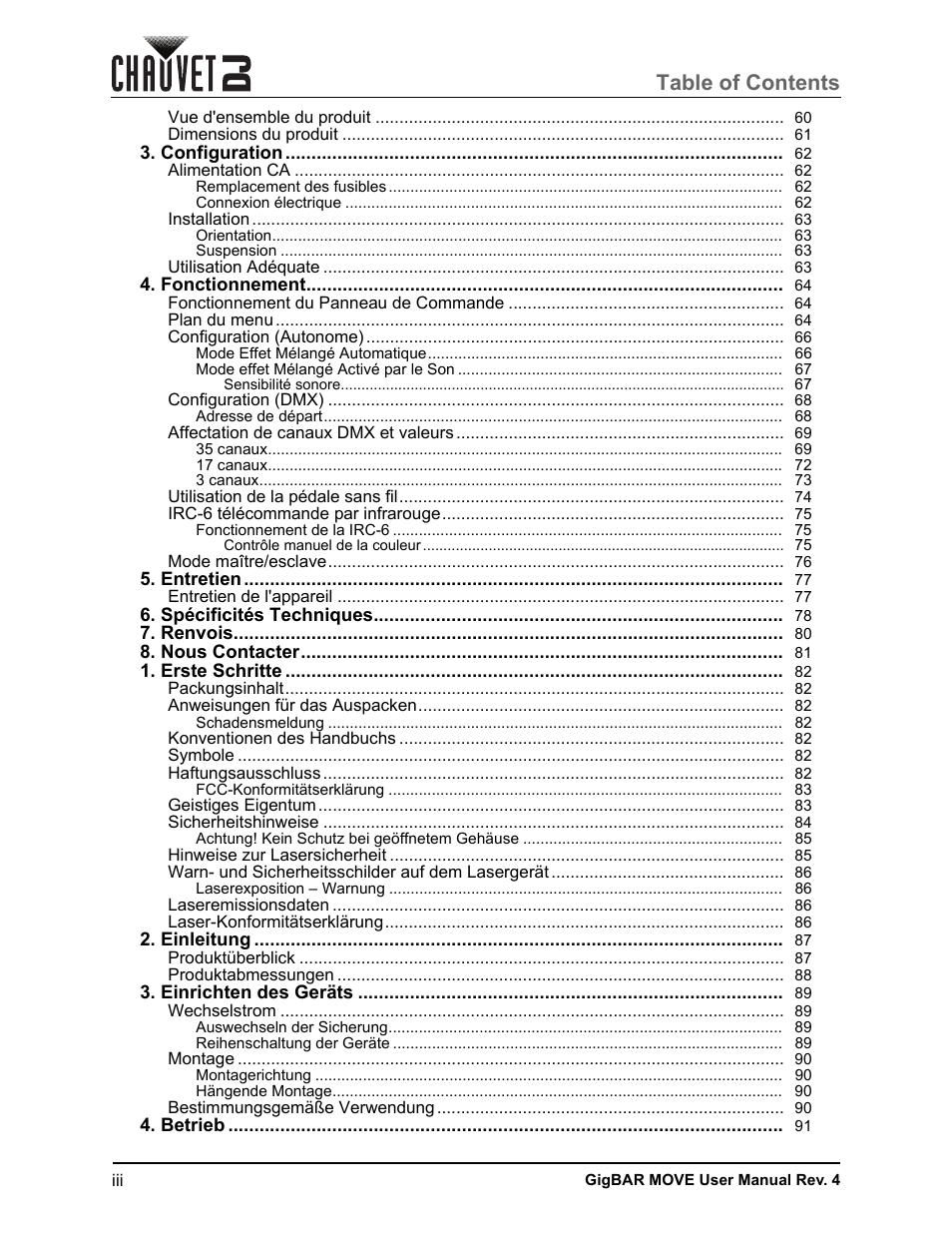 CHAUVET DJ GigBAR Move 5-in-1 Lighting System with Moving Heads, Pars, Derbys, Strobe, and Laser Effects (Black) User Manual | Page 4 / 139