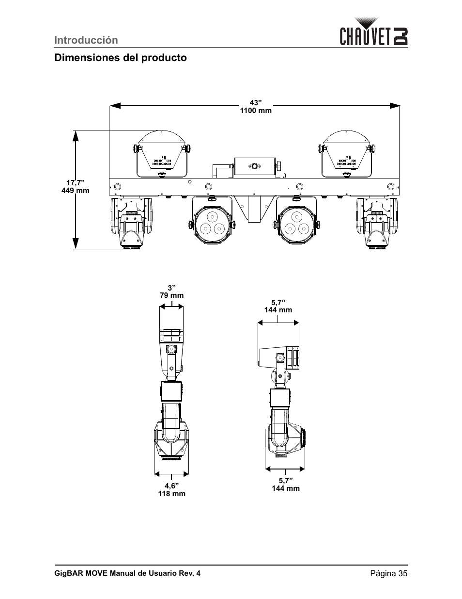 Dimensiones del producto, Introducción dimensiones del producto | CHAUVET DJ GigBAR Move 5-in-1 Lighting System with Moving Heads, Pars, Derbys, Strobe, and Laser Effects (Black) User Manual | Page 41 / 139