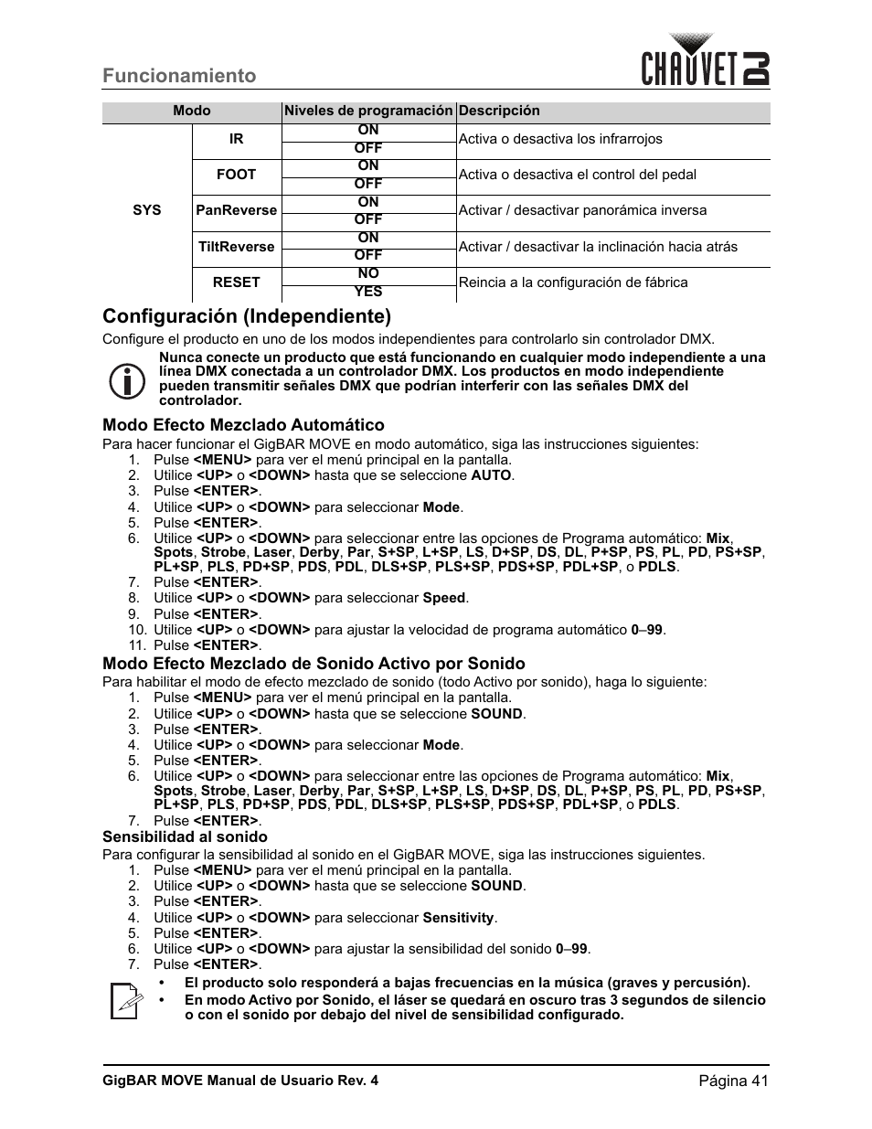 Configuración (independiente), Modo efecto mezclado automático, Modo efecto mezclado de sonido activo por sonido | Sensibilidad al sonido, Funcionamiento configuración (independiente) | CHAUVET DJ GigBAR Move 5-in-1 Lighting System with Moving Heads, Pars, Derbys, Strobe, and Laser Effects (Black) User Manual | Page 47 / 139