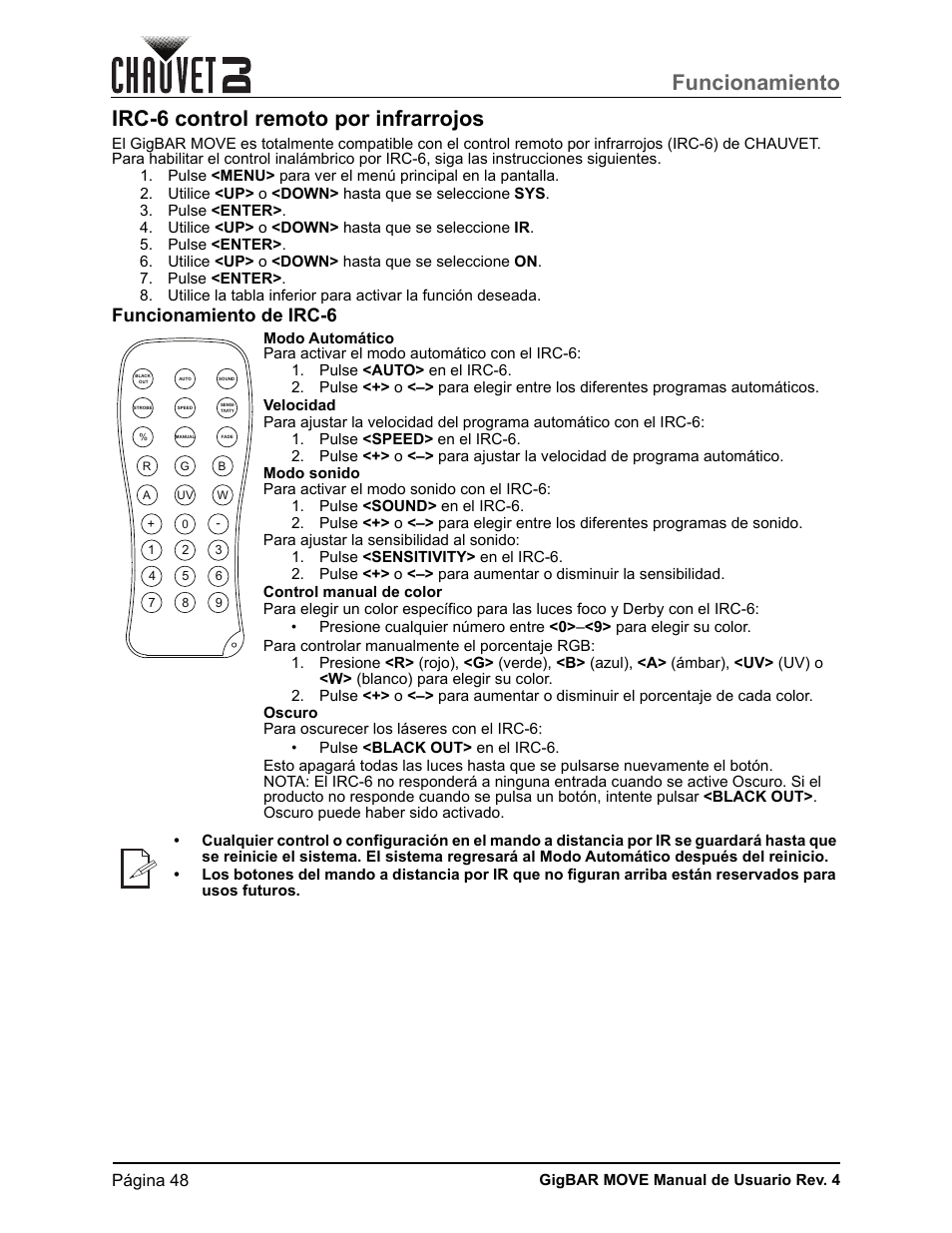 Irc-6 control remoto por infrarrojos, Funcionamiento de irc-6, Control manual de color | Funcionamiento | CHAUVET DJ GigBAR Move 5-in-1 Lighting System with Moving Heads, Pars, Derbys, Strobe, and Laser Effects (Black) User Manual | Page 54 / 139