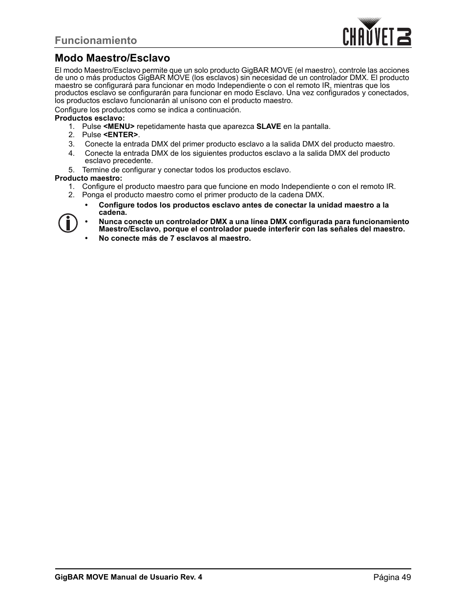 Modo maestro/esclavo, Funcionamiento modo maestro/esclavo | CHAUVET DJ GigBAR Move 5-in-1 Lighting System with Moving Heads, Pars, Derbys, Strobe, and Laser Effects (Black) User Manual | Page 55 / 139