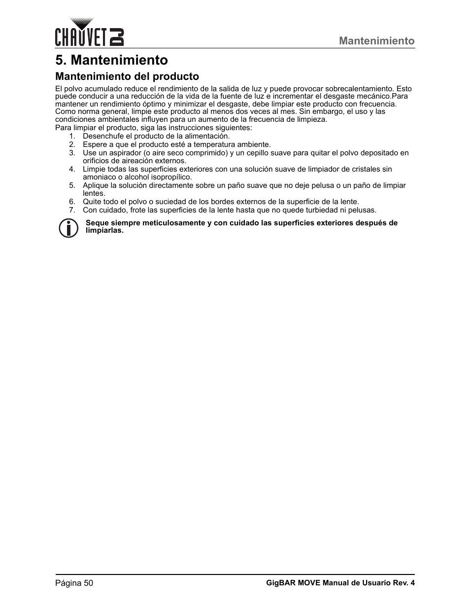 Mantenimiento, Mantenimiento del producto | CHAUVET DJ GigBAR Move 5-in-1 Lighting System with Moving Heads, Pars, Derbys, Strobe, and Laser Effects (Black) User Manual | Page 56 / 139