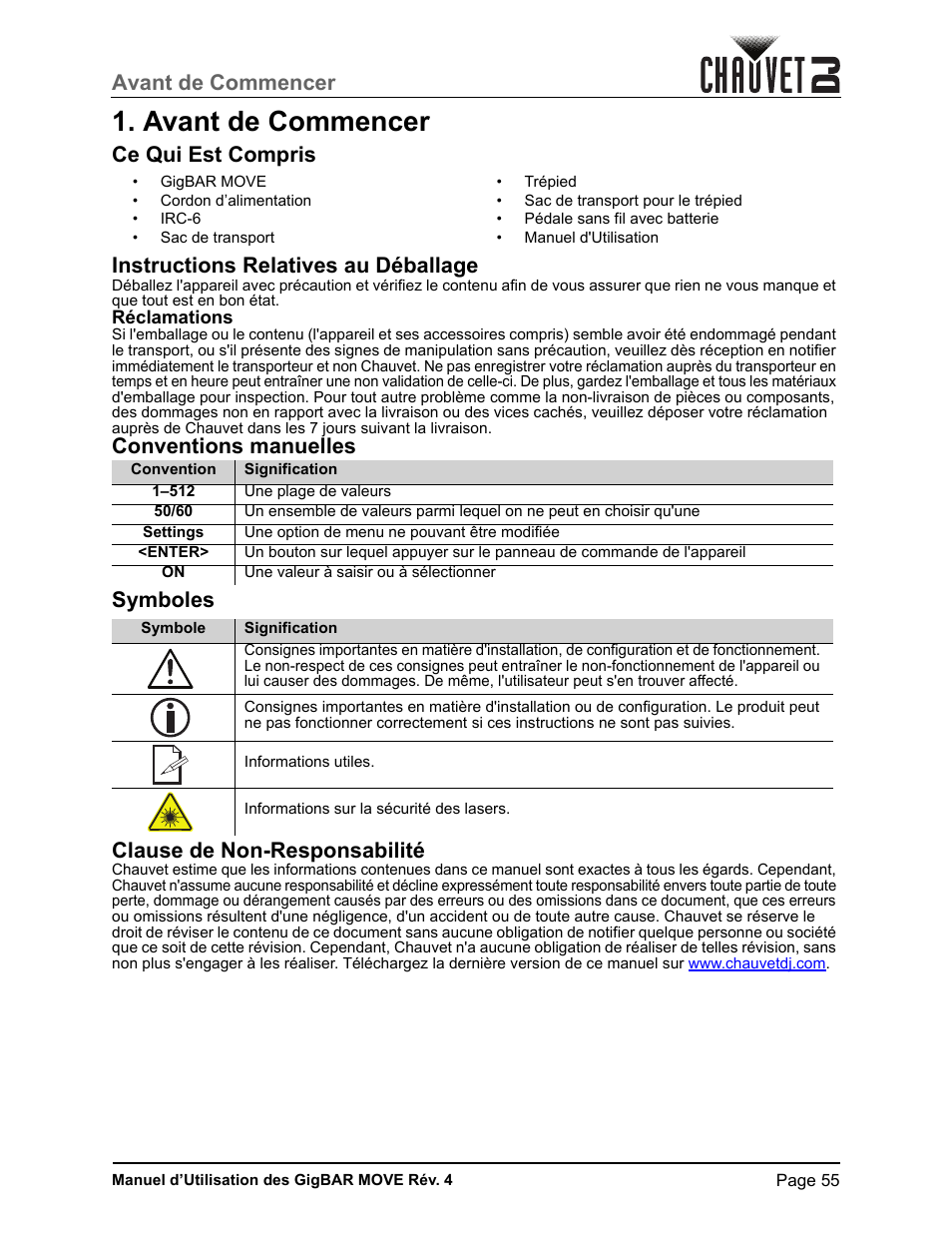 Avant de commencer, Ce qui est compris, Instructions relatives au déballage | Réclamations, Conventions manuelles, Symboles, Clause de non-responsabilité | CHAUVET DJ GigBAR Move 5-in-1 Lighting System with Moving Heads, Pars, Derbys, Strobe, and Laser Effects (Black) User Manual | Page 61 / 139