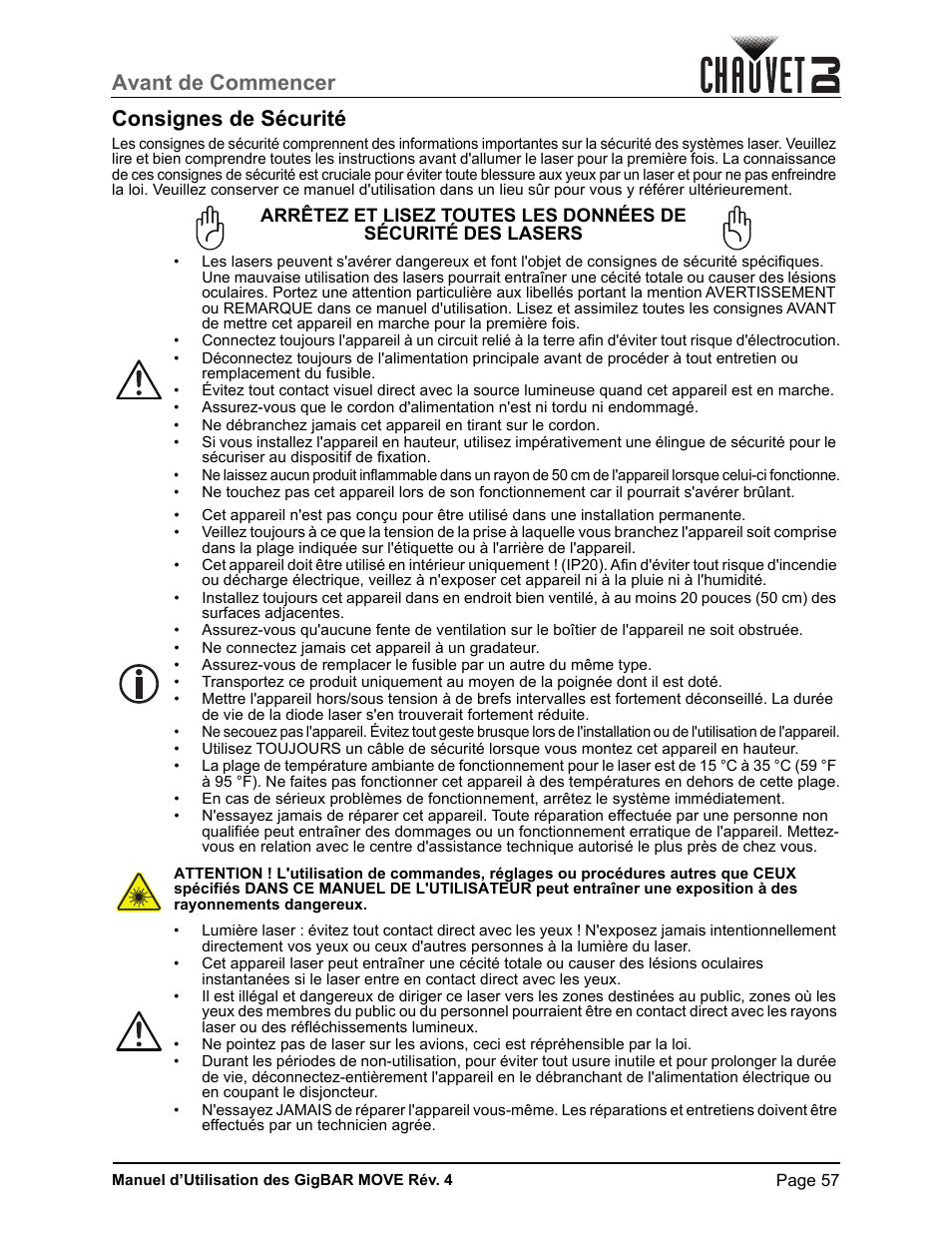 Consignes de sécurité, Avant de commencer consignes de sécurité | CHAUVET DJ GigBAR Move 5-in-1 Lighting System with Moving Heads, Pars, Derbys, Strobe, and Laser Effects (Black) User Manual | Page 63 / 139