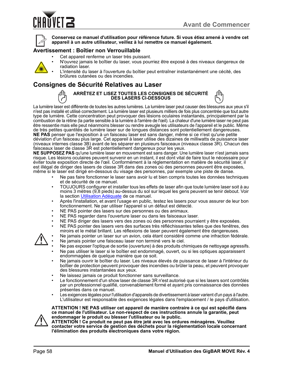 Avertissement : boîtier non verrouillable, Consignes de sécurité relatives au laser, Avant de commencer | CHAUVET DJ GigBAR Move 5-in-1 Lighting System with Moving Heads, Pars, Derbys, Strobe, and Laser Effects (Black) User Manual | Page 64 / 139