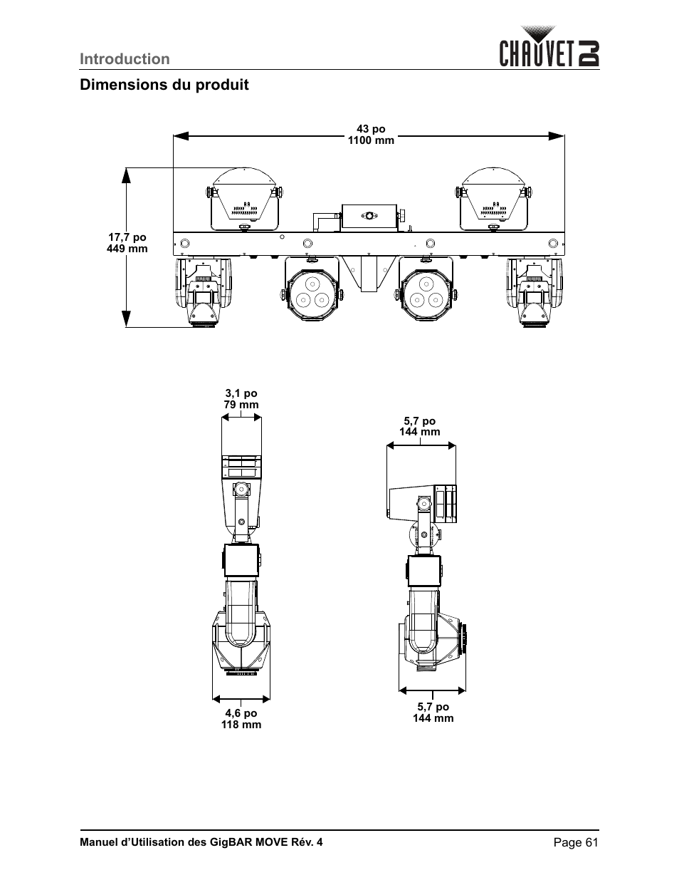 Dimensions du produit, Introduction dimensions du produit | CHAUVET DJ GigBAR Move 5-in-1 Lighting System with Moving Heads, Pars, Derbys, Strobe, and Laser Effects (Black) User Manual | Page 67 / 139