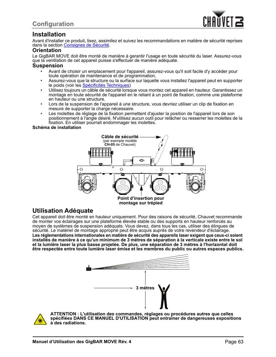 Installation, Orientation, Suspension | Utilisation adéquate, Configuration installation | CHAUVET DJ GigBAR Move 5-in-1 Lighting System with Moving Heads, Pars, Derbys, Strobe, and Laser Effects (Black) User Manual | Page 69 / 139