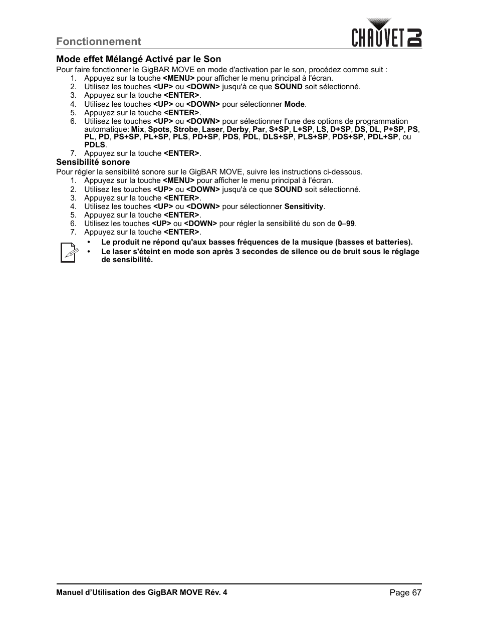 Mode effet mélangé activé par le son, Sensibilité sonore, Fonctionnement | CHAUVET DJ GigBAR Move 5-in-1 Lighting System with Moving Heads, Pars, Derbys, Strobe, and Laser Effects (Black) User Manual | Page 73 / 139
