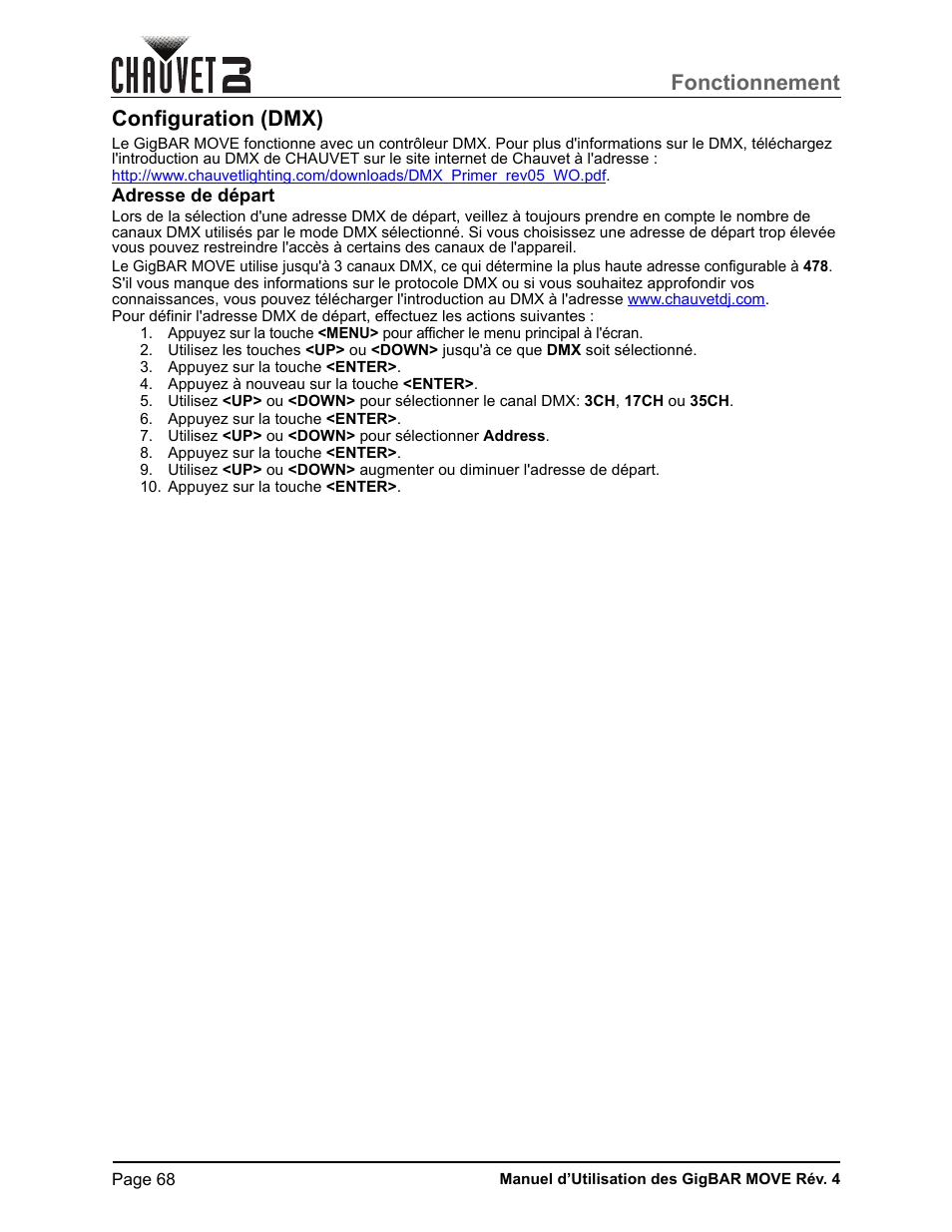 Configuration (dmx), Adresse de départ, Fonctionnement | CHAUVET DJ GigBAR Move 5-in-1 Lighting System with Moving Heads, Pars, Derbys, Strobe, and Laser Effects (Black) User Manual | Page 74 / 139