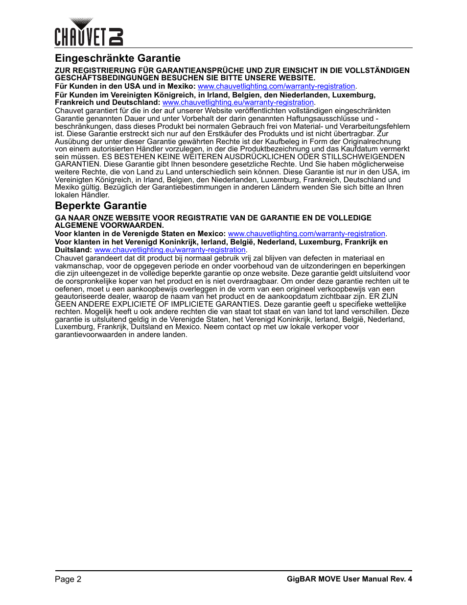 Eingeschränkte garantie, Beperkte garantie | CHAUVET DJ GigBAR Move 5-in-1 Lighting System with Moving Heads, Pars, Derbys, Strobe, and Laser Effects (Black) User Manual | Page 8 / 139