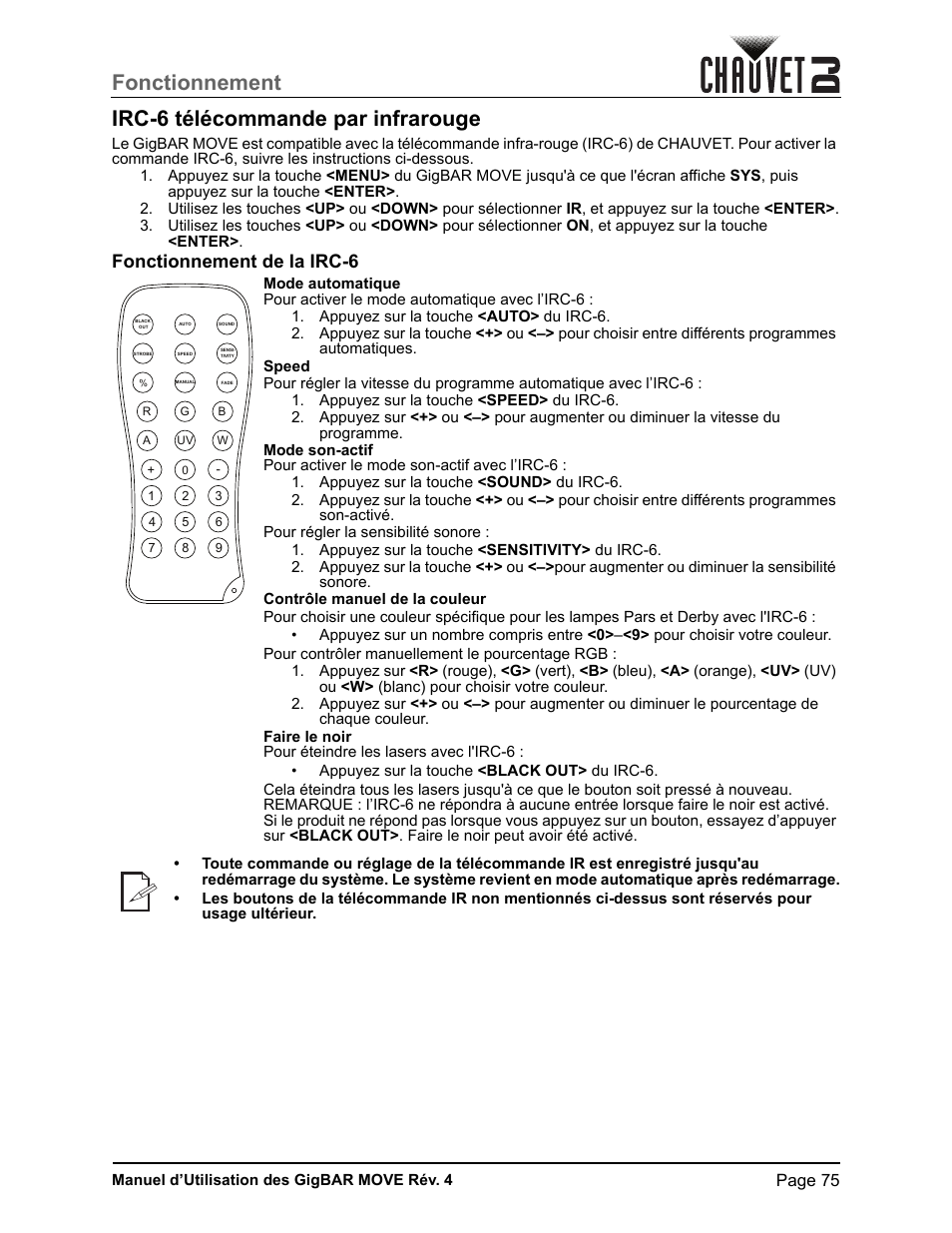 Irc-6 télécommande par infrarouge, Fonctionnement de la irc-6, Contrôle manuel de la couleur | Fonctionnement irc-6 télécommande par infrarouge | CHAUVET DJ GigBAR Move 5-in-1 Lighting System with Moving Heads, Pars, Derbys, Strobe, and Laser Effects (Black) User Manual | Page 81 / 139