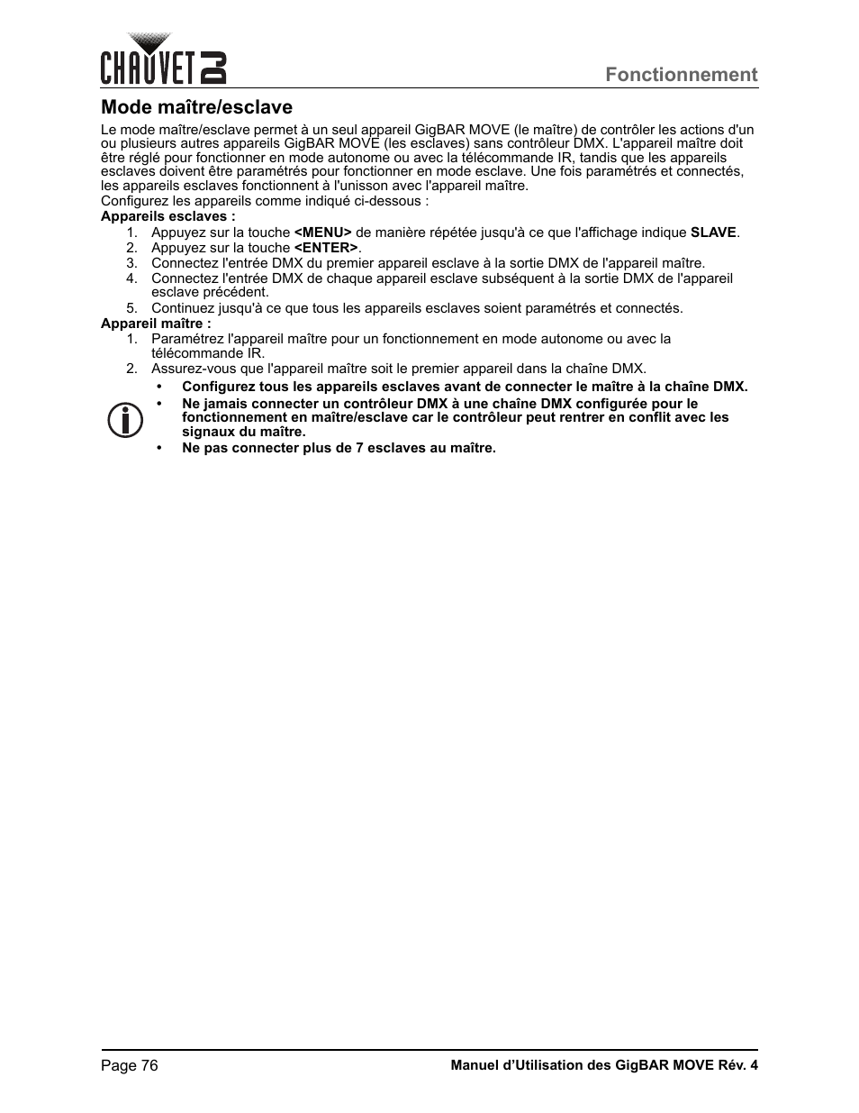 Mode maître/esclave, Fonctionnement | CHAUVET DJ GigBAR Move 5-in-1 Lighting System with Moving Heads, Pars, Derbys, Strobe, and Laser Effects (Black) User Manual | Page 82 / 139