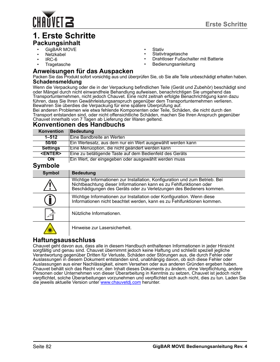 Erste schritte, Packungsinhalt, Anweisungen für das auspacken | Schadensmeldung, Konventionen des handbuchs, Symbole, Haftungsausschluss, Packungsinhalt anweisungen für das auspacken | CHAUVET DJ GigBAR Move 5-in-1 Lighting System with Moving Heads, Pars, Derbys, Strobe, and Laser Effects (Black) User Manual | Page 88 / 139