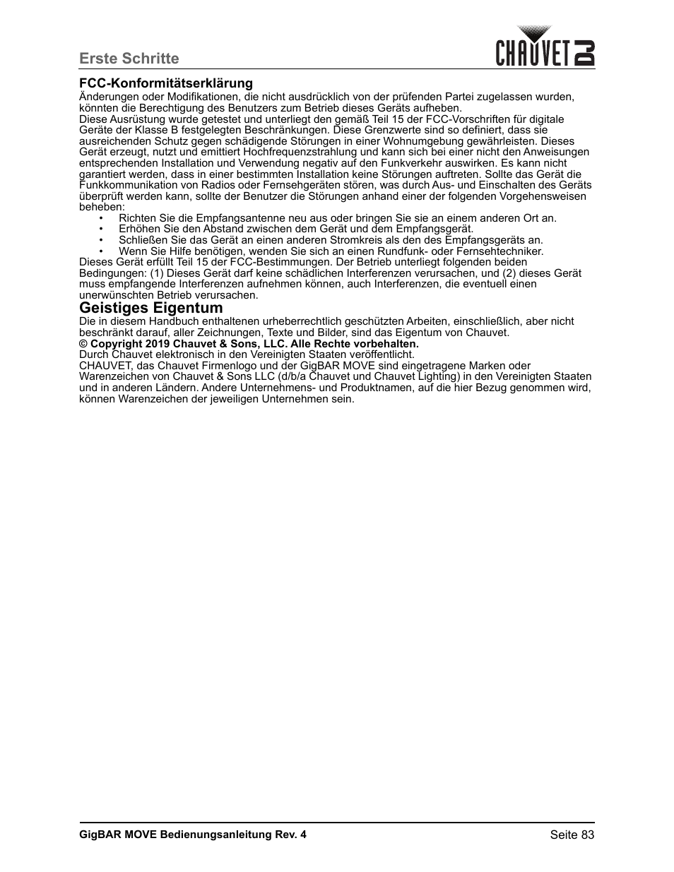 Fcc-konformitätserklärung, Geistiges eigentum, Erste schritte | CHAUVET DJ GigBAR Move 5-in-1 Lighting System with Moving Heads, Pars, Derbys, Strobe, and Laser Effects (Black) User Manual | Page 89 / 139