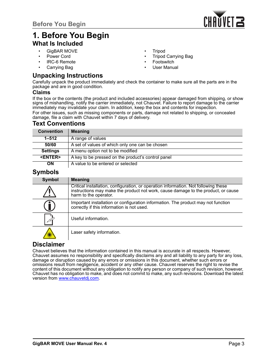 Before you begin, What is included, Unpacking instructions | Claims, Text conventions, Symbols, Disclaimer, What is included unpacking instructions, Text conventions symbols disclaimer | CHAUVET DJ GigBAR Move 5-in-1 Lighting System with Moving Heads, Pars, Derbys, Strobe, and Laser Effects (Black) User Manual | Page 9 / 139