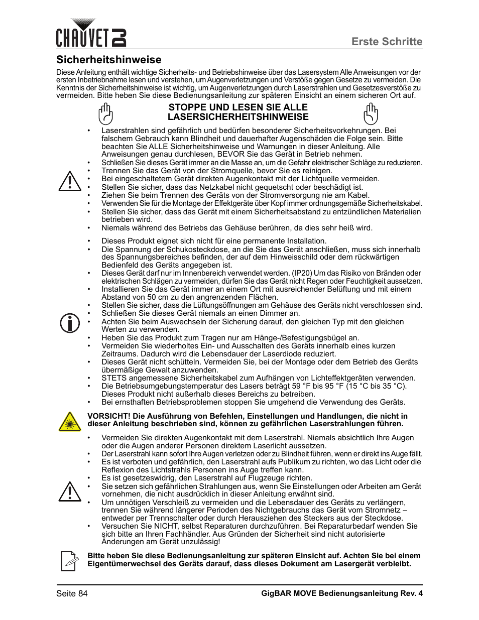 Sicherheitshinweise, Erste schritte | CHAUVET DJ GigBAR Move 5-in-1 Lighting System with Moving Heads, Pars, Derbys, Strobe, and Laser Effects (Black) User Manual | Page 90 / 139