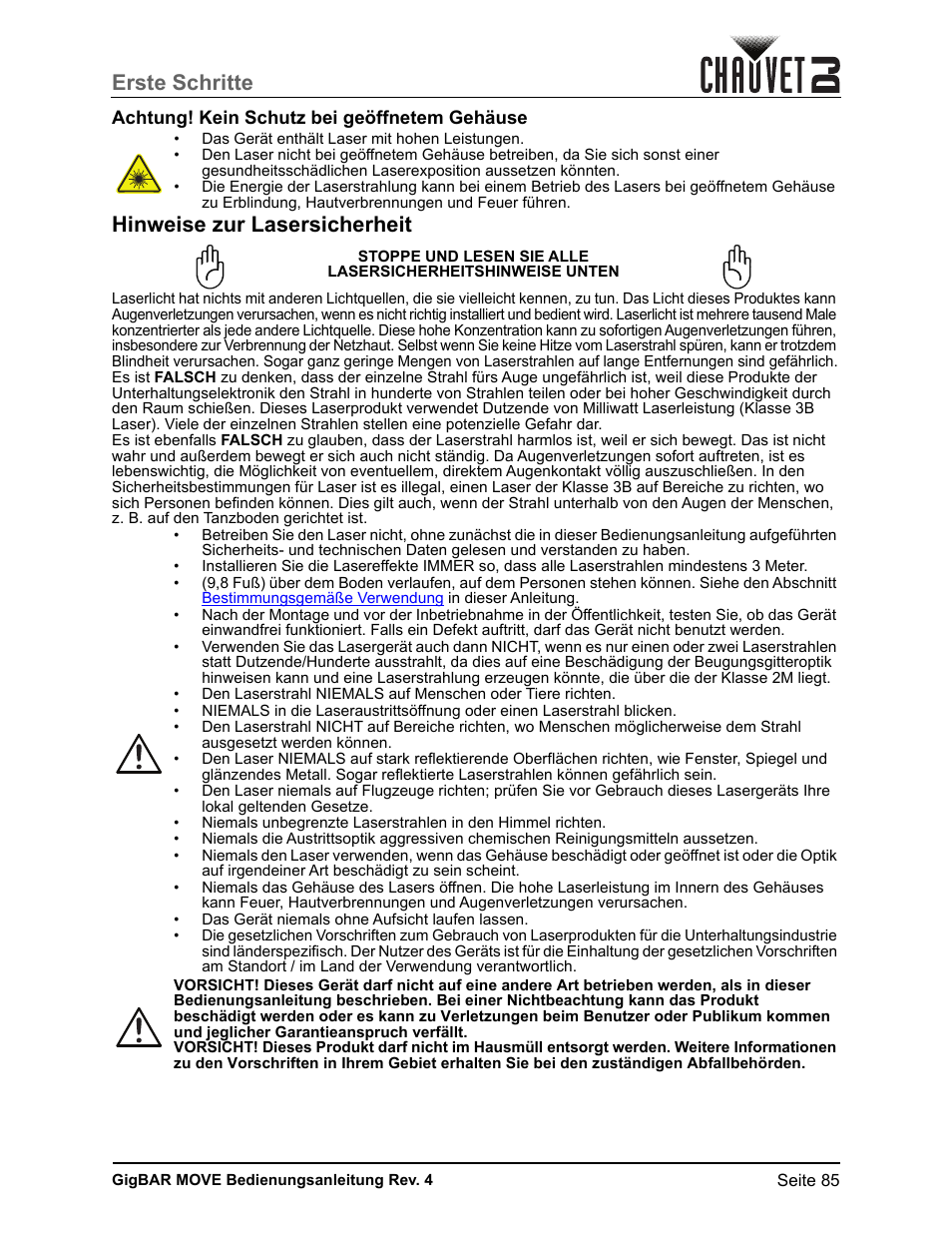 Achtung! kein schutz bei geöffnetem gehäuse, Hinweise zur lasersicherheit, Erste schritte | CHAUVET DJ GigBAR Move 5-in-1 Lighting System with Moving Heads, Pars, Derbys, Strobe, and Laser Effects (Black) User Manual | Page 91 / 139