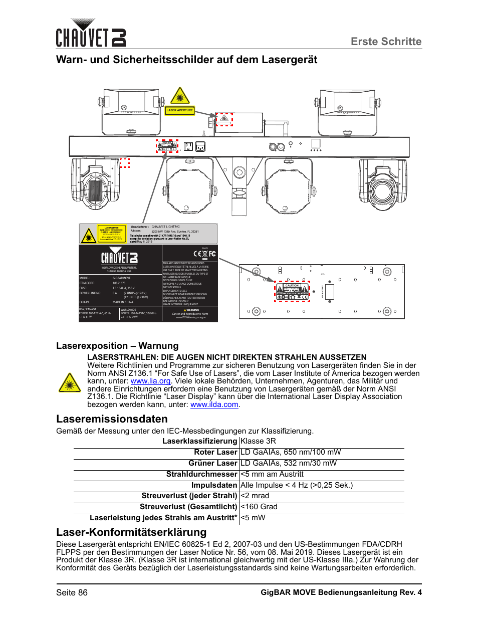 Warn- und sicherheitsschilder auf dem lasergerät, Laserexposition – warnung, Laseremissionsdaten | Laser-konformitätserklärung, Erste schritte, Seite 86, Gigbar move bedienungsanleitung rev. 4 | CHAUVET DJ GigBAR Move 5-in-1 Lighting System with Moving Heads, Pars, Derbys, Strobe, and Laser Effects (Black) User Manual | Page 92 / 139