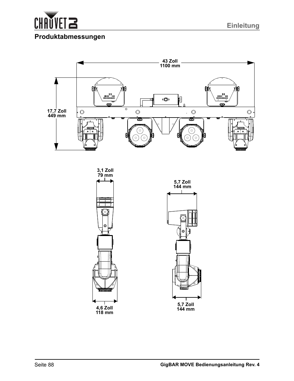 Produktabmessungen, Einleitung | CHAUVET DJ GigBAR Move 5-in-1 Lighting System with Moving Heads, Pars, Derbys, Strobe, and Laser Effects (Black) User Manual | Page 94 / 139