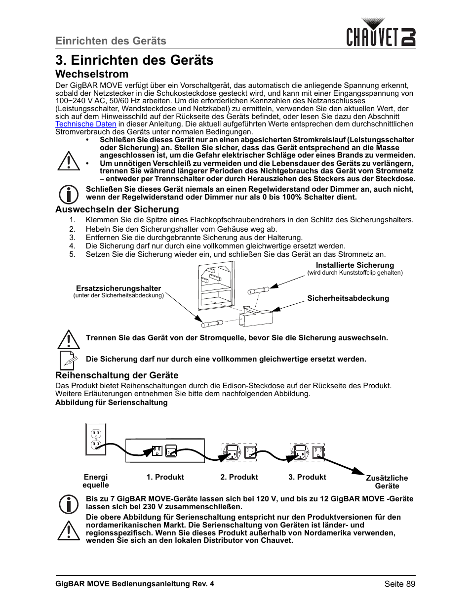 Einrichten des geräts, Wechselstrom, Auswechseln der sicherung | Reihenschaltung der geräte | CHAUVET DJ GigBAR Move 5-in-1 Lighting System with Moving Heads, Pars, Derbys, Strobe, and Laser Effects (Black) User Manual | Page 95 / 139