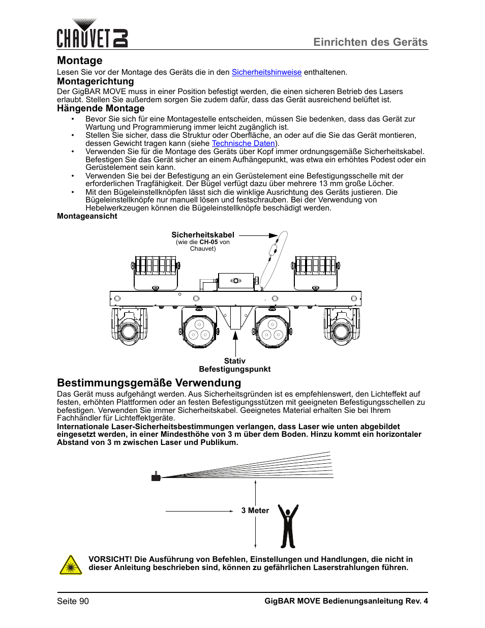 Montage, Montagerichtung, Hängende montage | Bestimmungsgemäße verwendung, Einrichten des geräts | CHAUVET DJ GigBAR Move 5-in-1 Lighting System with Moving Heads, Pars, Derbys, Strobe, and Laser Effects (Black) User Manual | Page 96 / 139