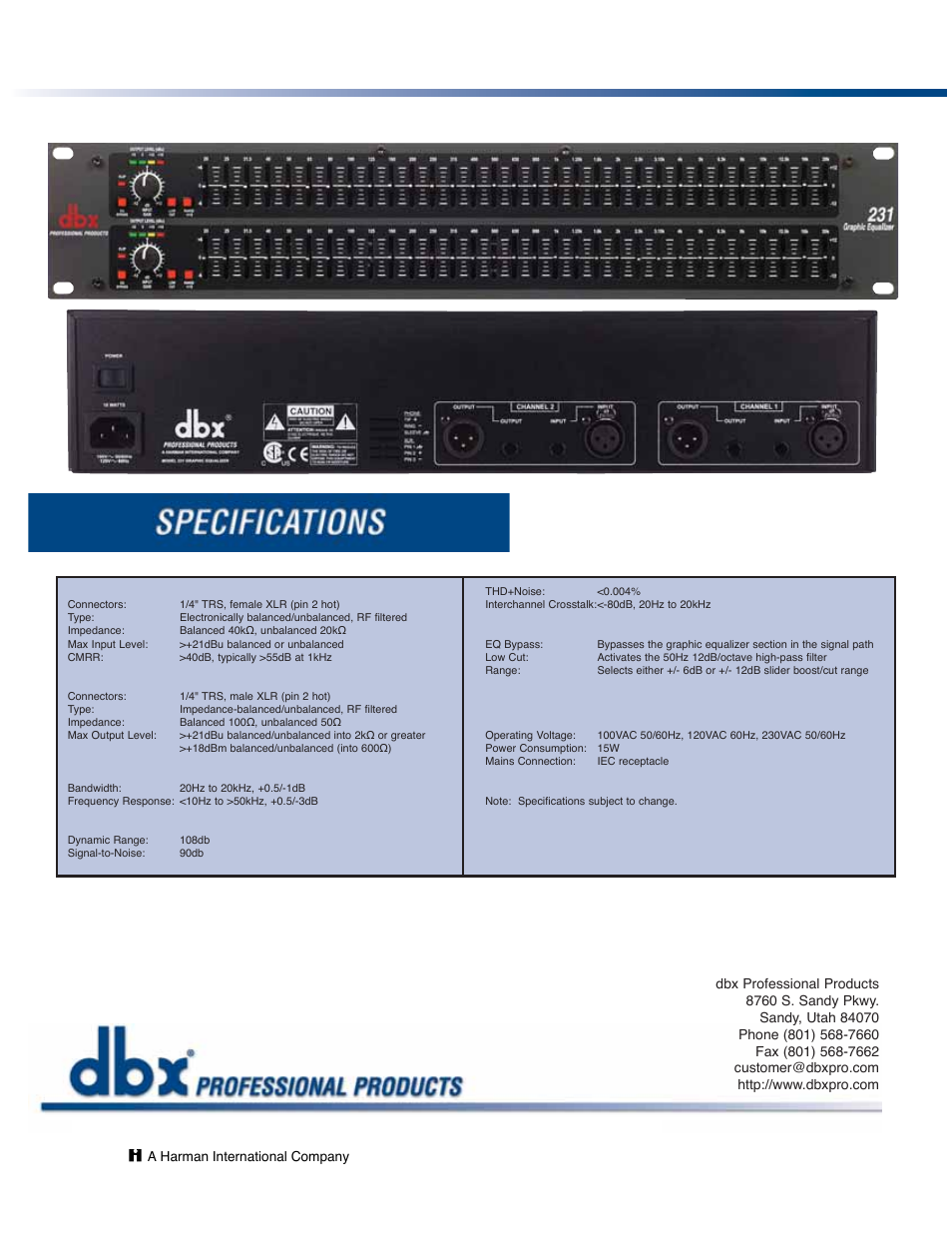 The professional’s choice in signal processing | dbx Pro Dual Channel 31 231 User Manual | Page 2 / 2